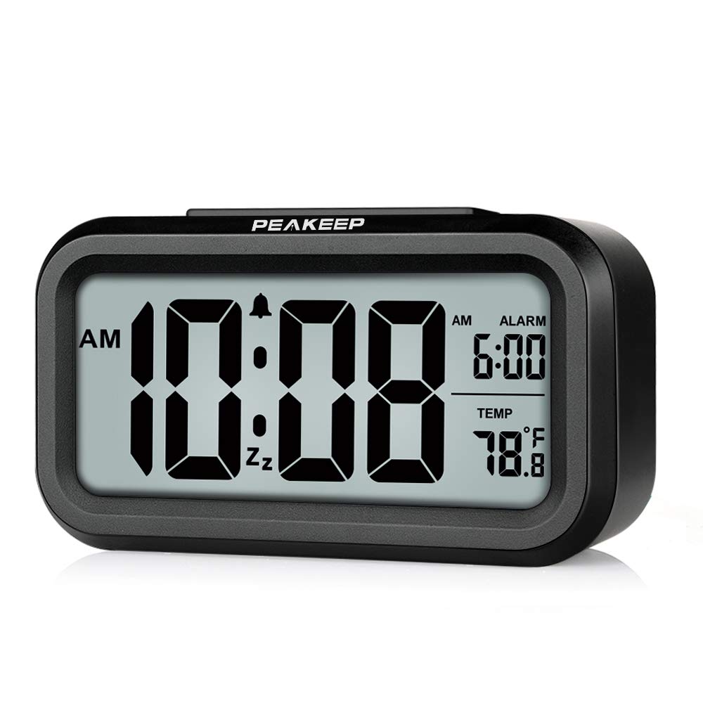 Peakeep Night Light Digital Alarm Clock Battery Operated with Indoor Temperature, Desk Small Clock (White)