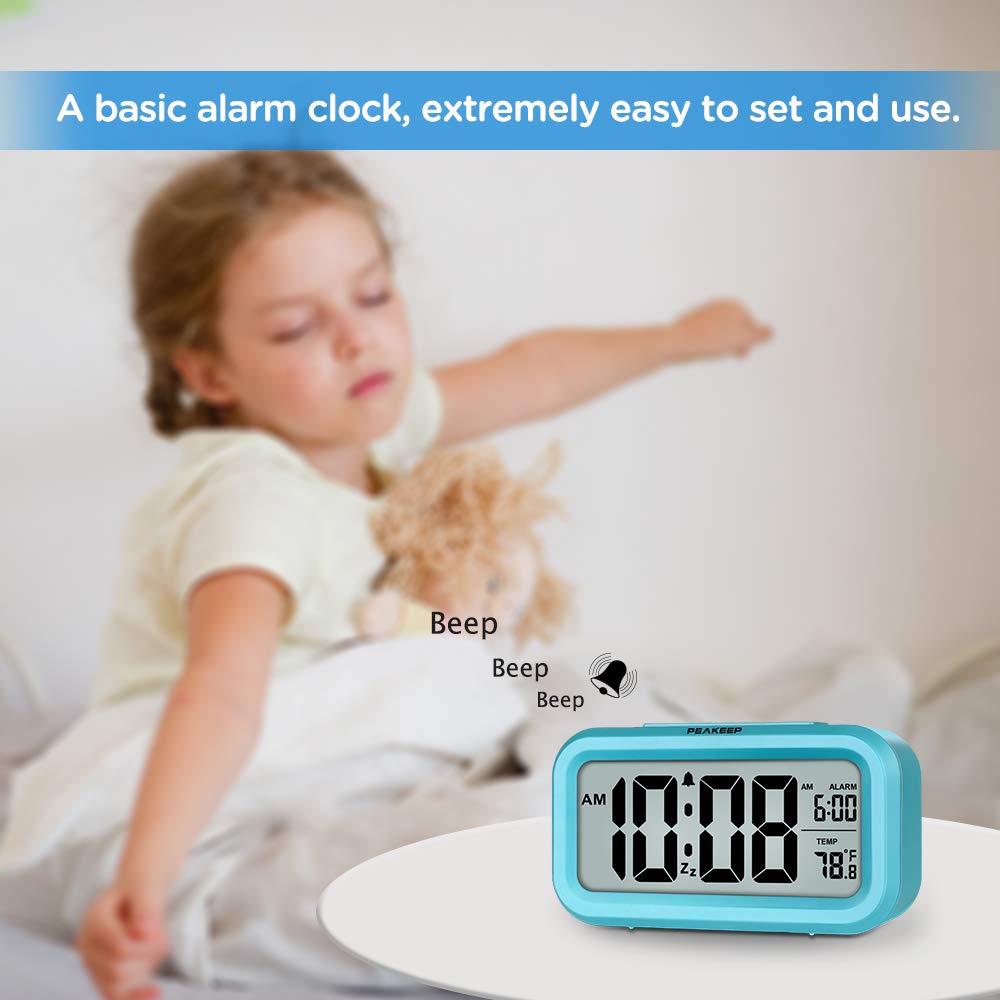 Peakeep Night Light Digital Alarm Clock Battery Operated with Indoor Temperature, Desk Small Clock (White)