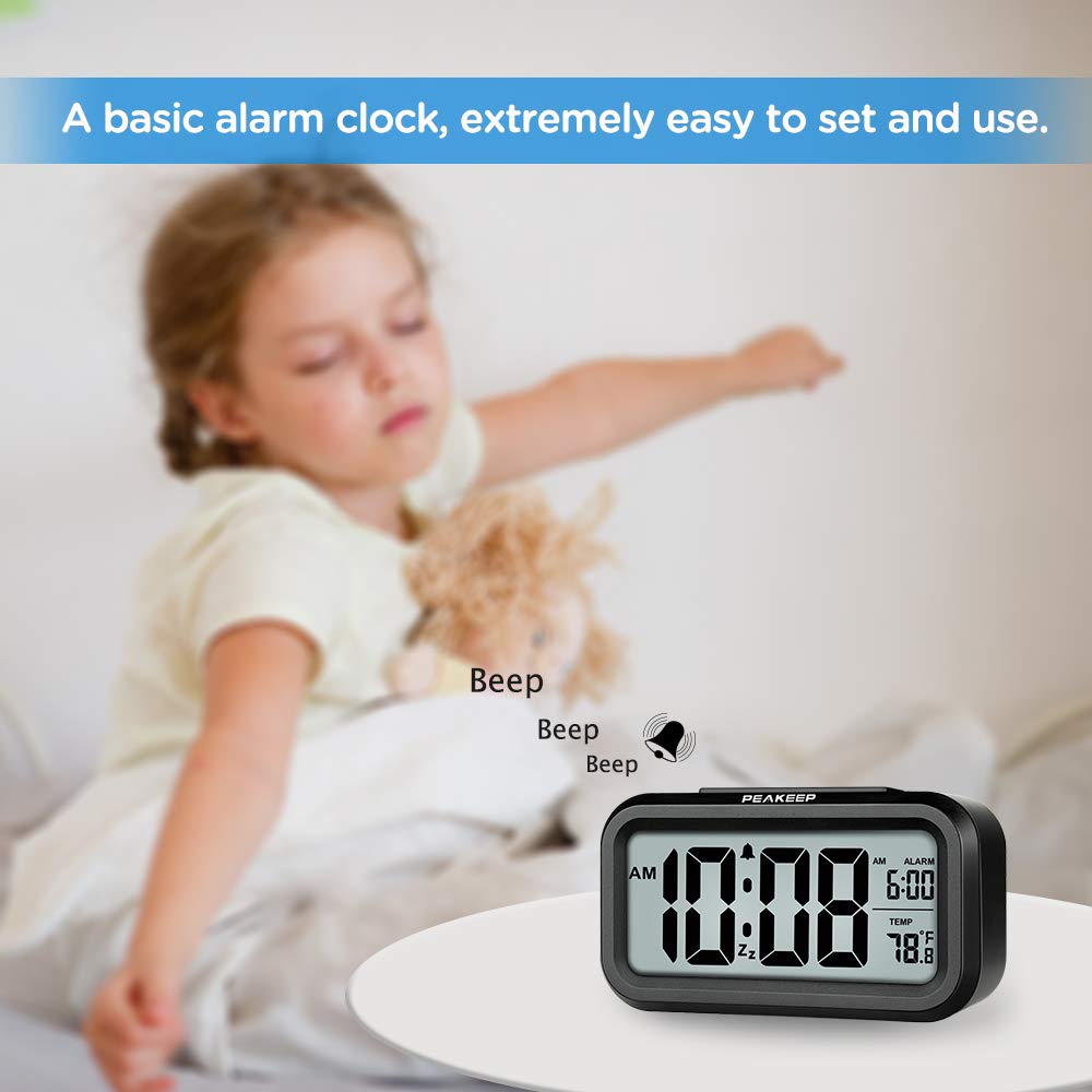Peakeep Night Light Digital Alarm Clock Battery Operated with Indoor Temperature, Desk Small Clock (White)