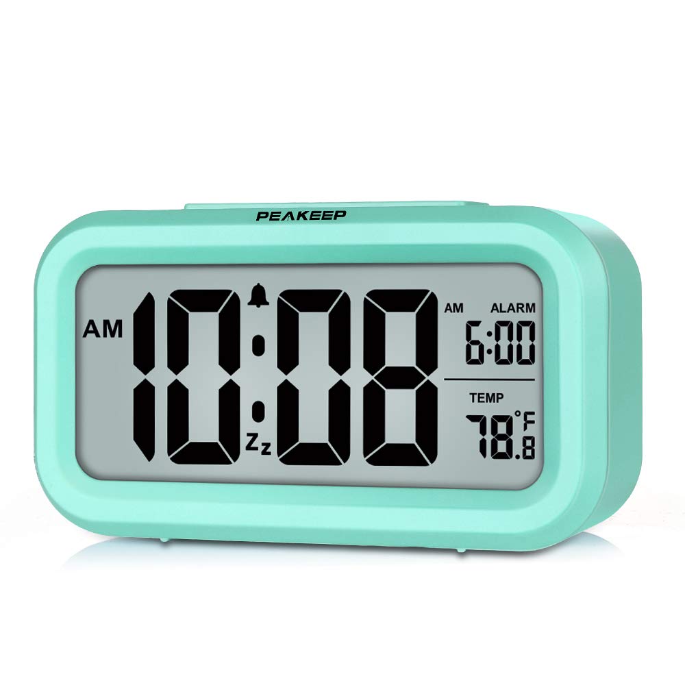 Peakeep Night Light Digital Alarm Clock Battery Operated with Indoor Temperature, Desk Small Clock (White)