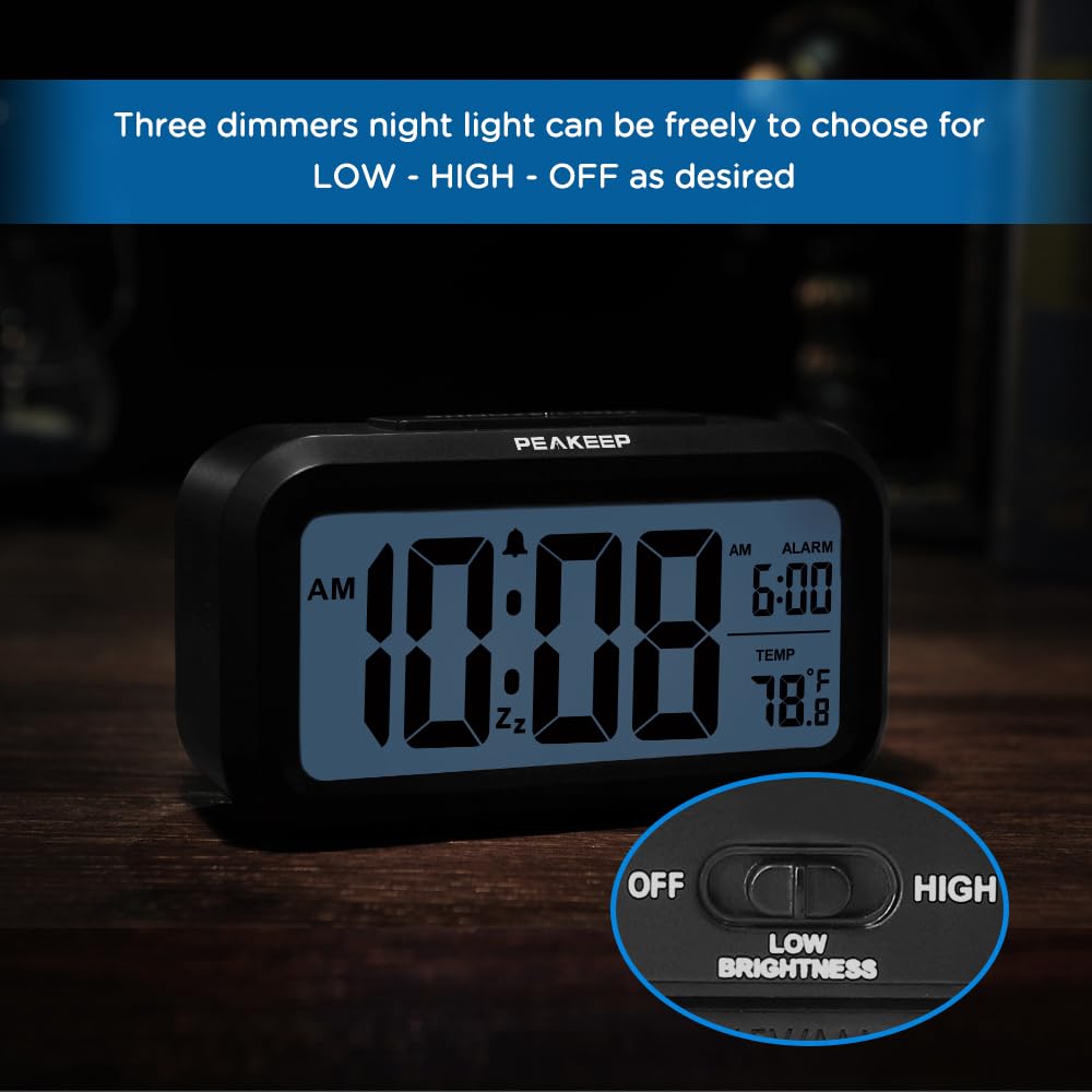 Peakeep Night Light Digital Alarm Clock Battery Operated with Indoor Temperature, Desk Small Clock (White)