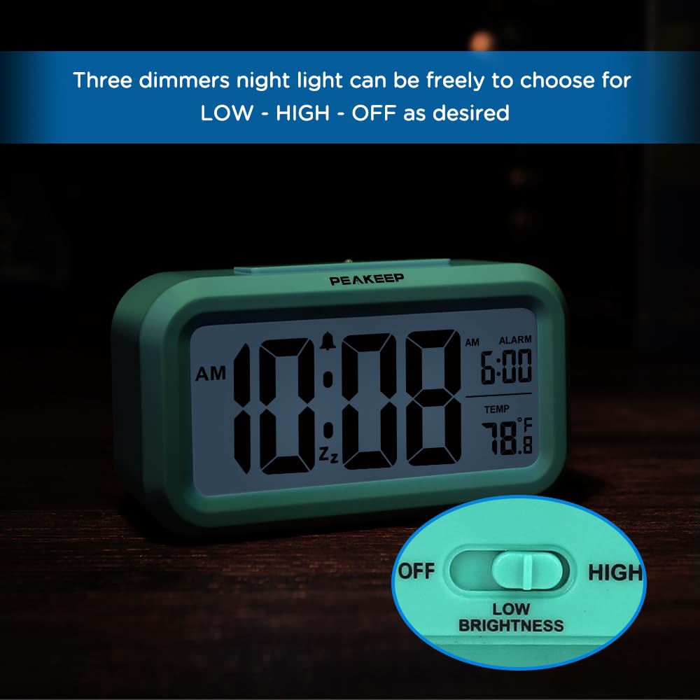 Peakeep Night Light Digital Alarm Clock Battery Operated with Indoor Temperature, Desk Small Clock (White)