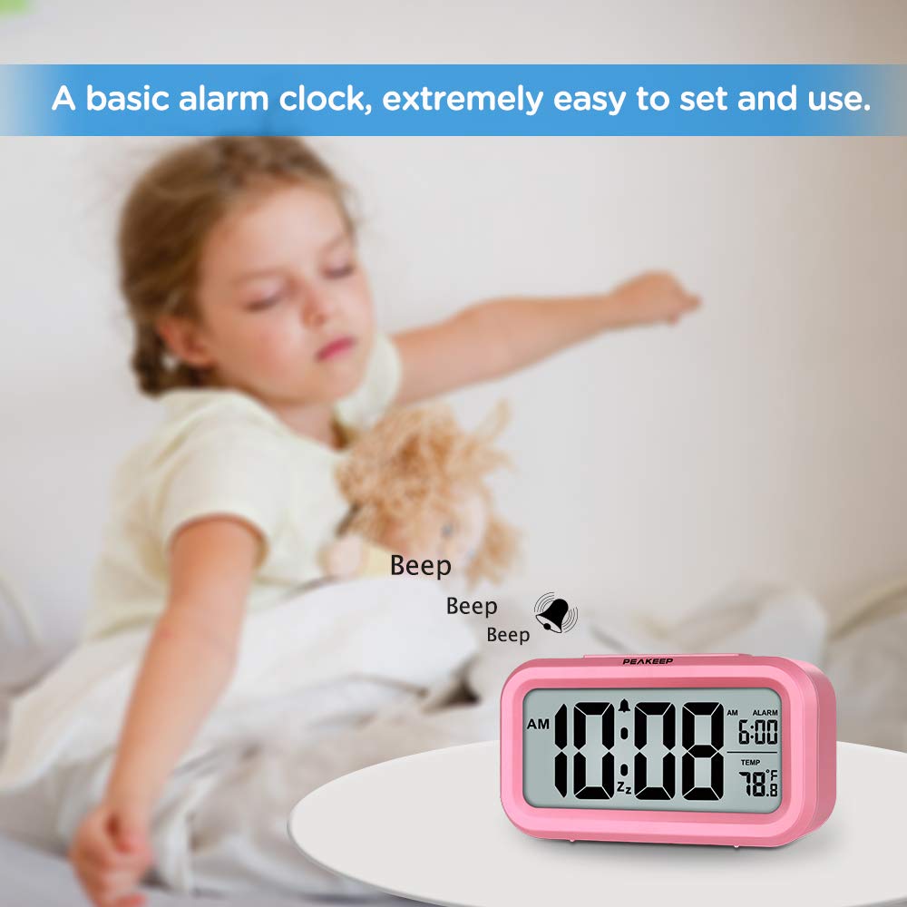 Peakeep Night Light Digital Alarm Clock Battery Operated with Indoor Temperature, Desk Small Clock (White)