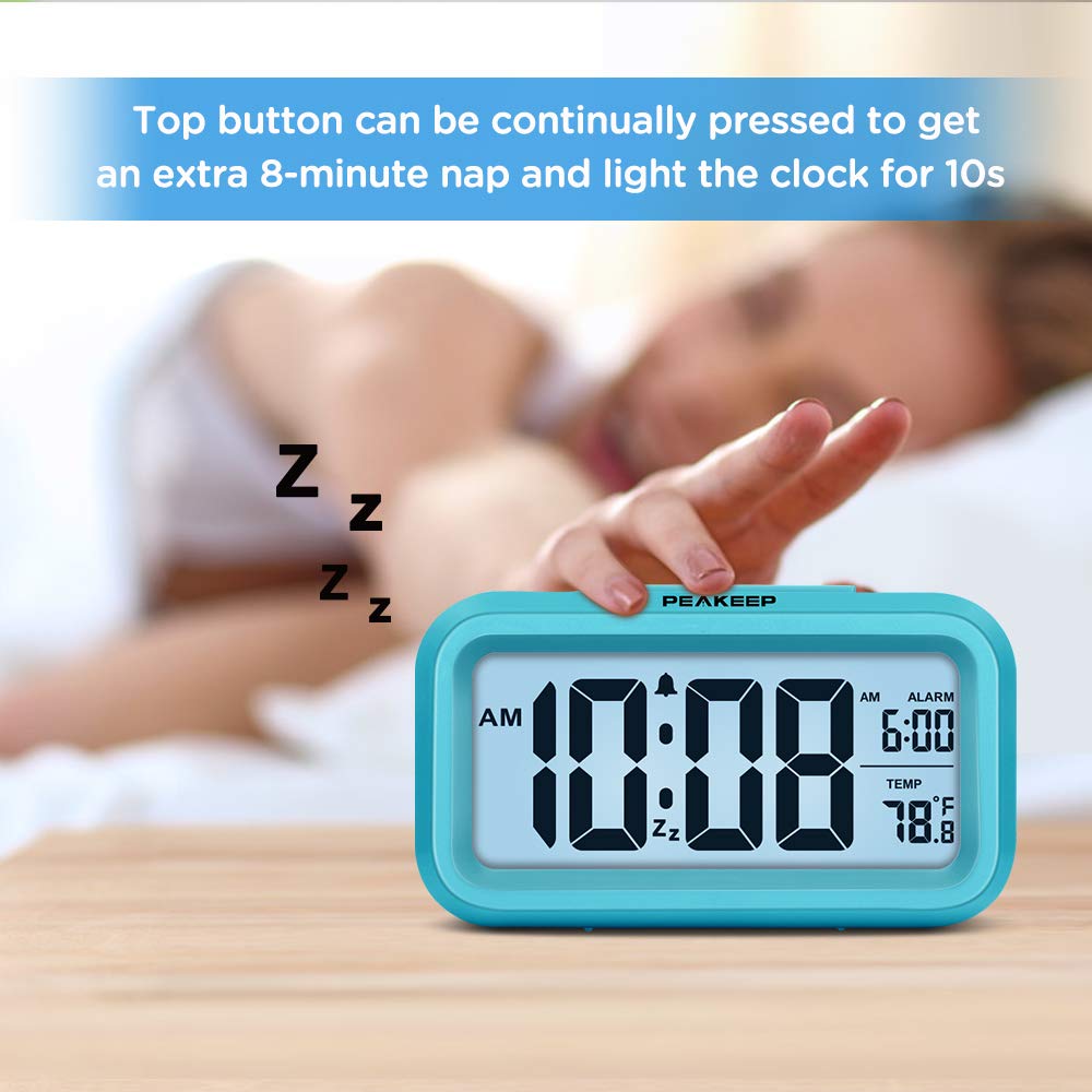 Peakeep Night Light Digital Alarm Clock Battery Operated with Indoor Temperature, Desk Small Clock (White)