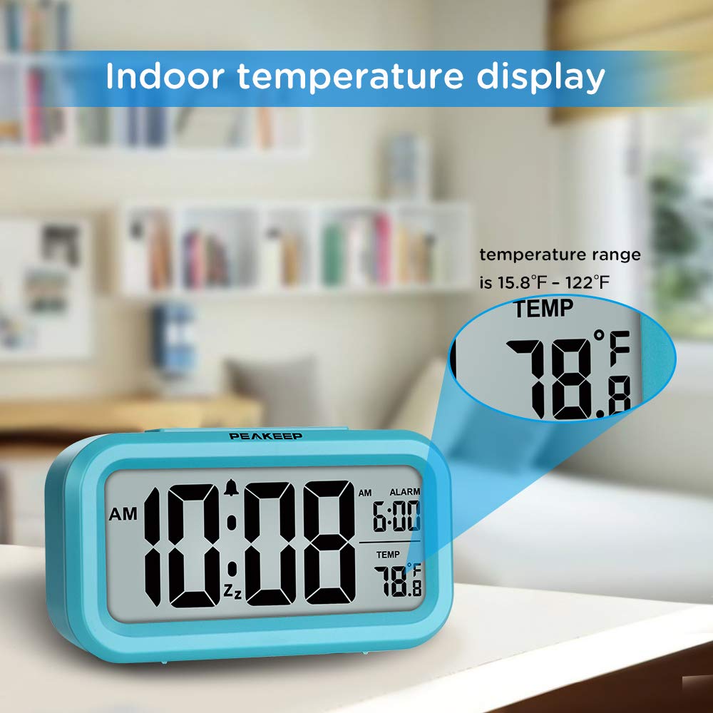 Peakeep Night Light Digital Alarm Clock Battery Operated with Indoor Temperature, Desk Small Clock (White)