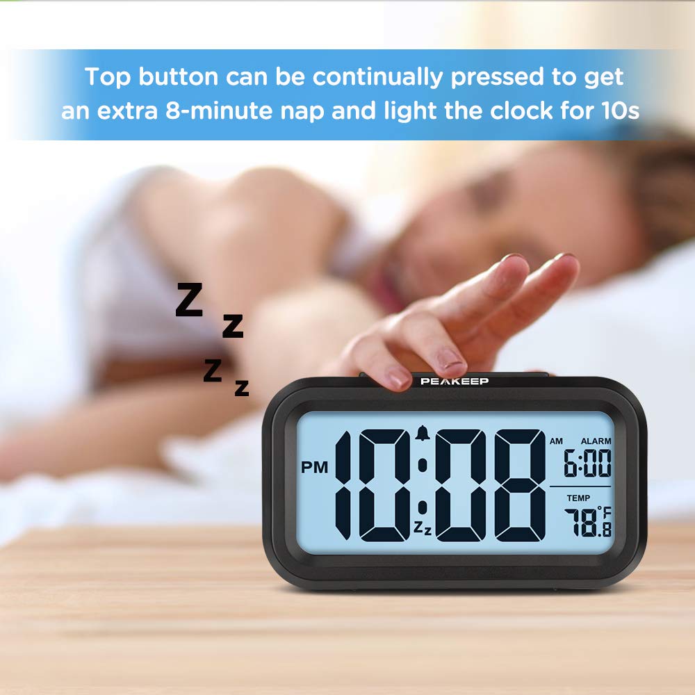 Peakeep Night Light Digital Alarm Clock Battery Operated with Indoor Temperature, Desk Small Clock (White)