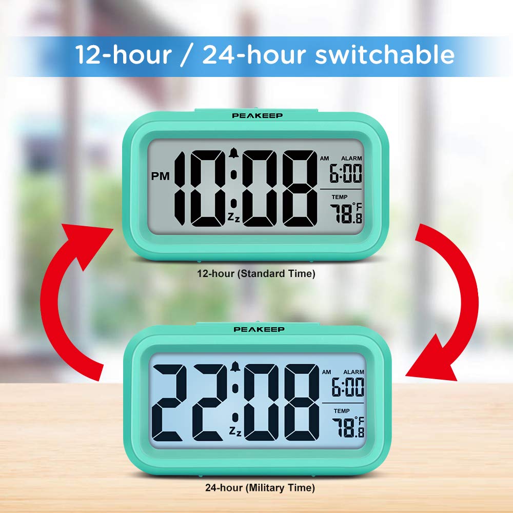 Peakeep Night Light Digital Alarm Clock Battery Operated with Indoor Temperature, Desk Small Clock (White)