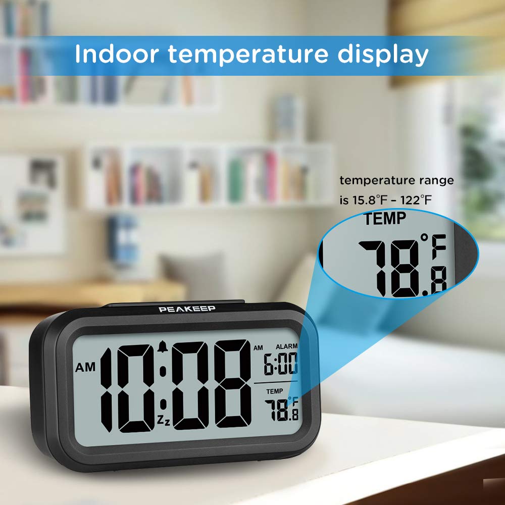 Peakeep Night Light Digital Alarm Clock Battery Operated with Indoor Temperature, Desk Small Clock (White)