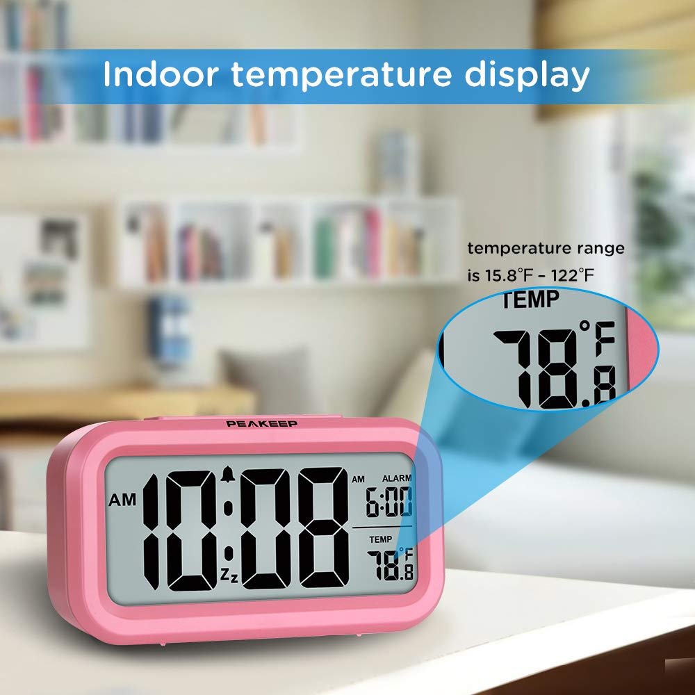 Peakeep Night Light Digital Alarm Clock Battery Operated with Indoor Temperature, Desk Small Clock (White)