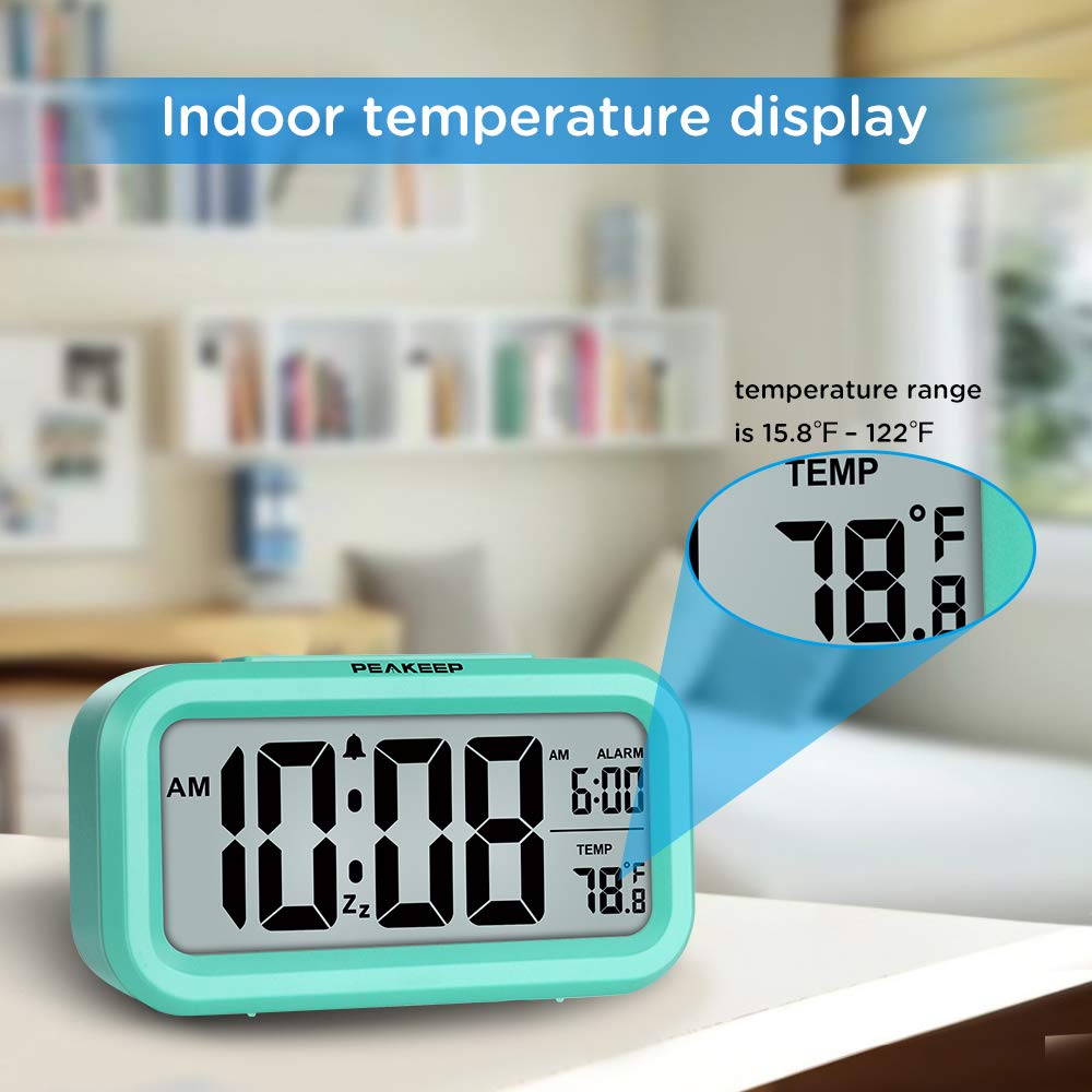 Peakeep Night Light Digital Alarm Clock Battery Operated with Indoor Temperature, Desk Small Clock (White)