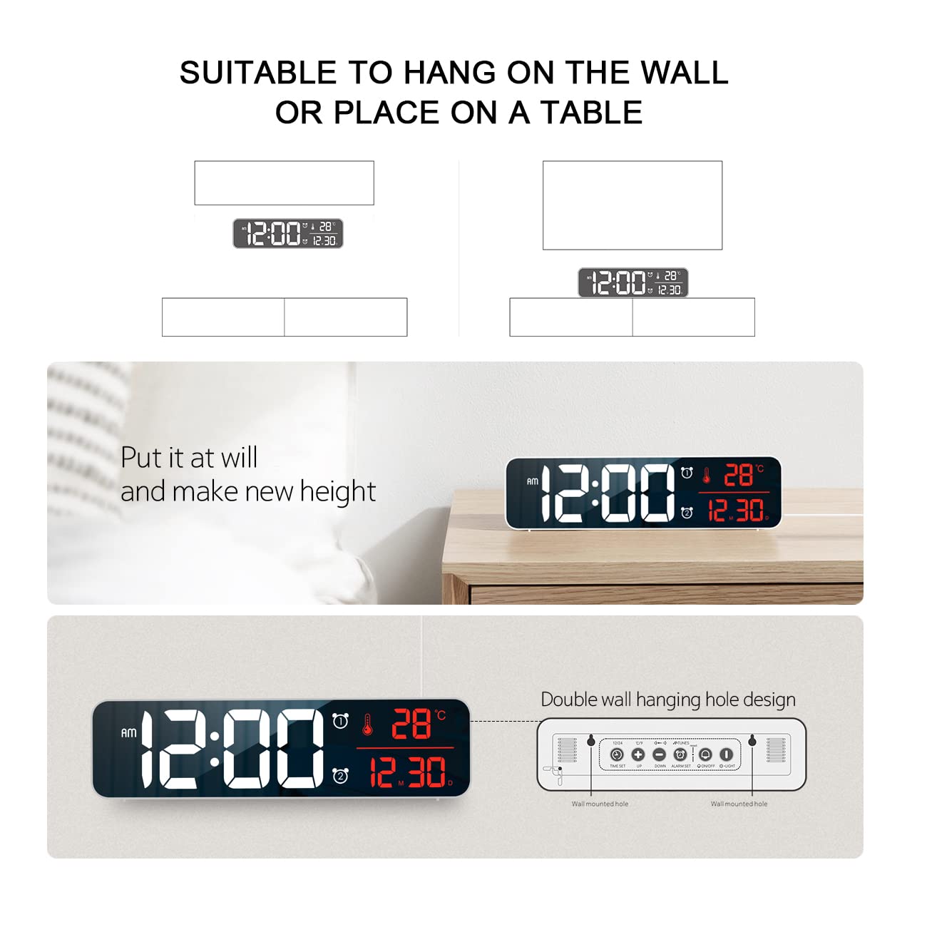 Digital Clock Large Display, Alarm Clock for Living Room Office Bedroom Decor, LED Corded Electric, Date Temp Display Wall Clock, Automatic Brightness Dimmer Smart Cool Modern Desk Accessories Black