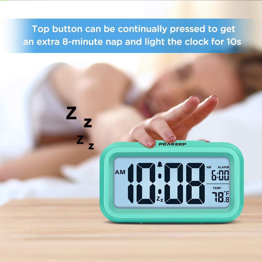 Peakeep Night Light Digital Alarm Clock Battery Operated with Indoor Temperature, Desk Small Clock (White)