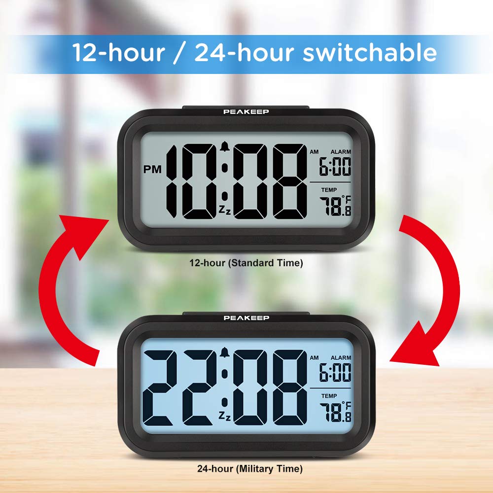 Peakeep Night Light Digital Alarm Clock Battery Operated with Indoor Temperature, Desk Small Clock (White)