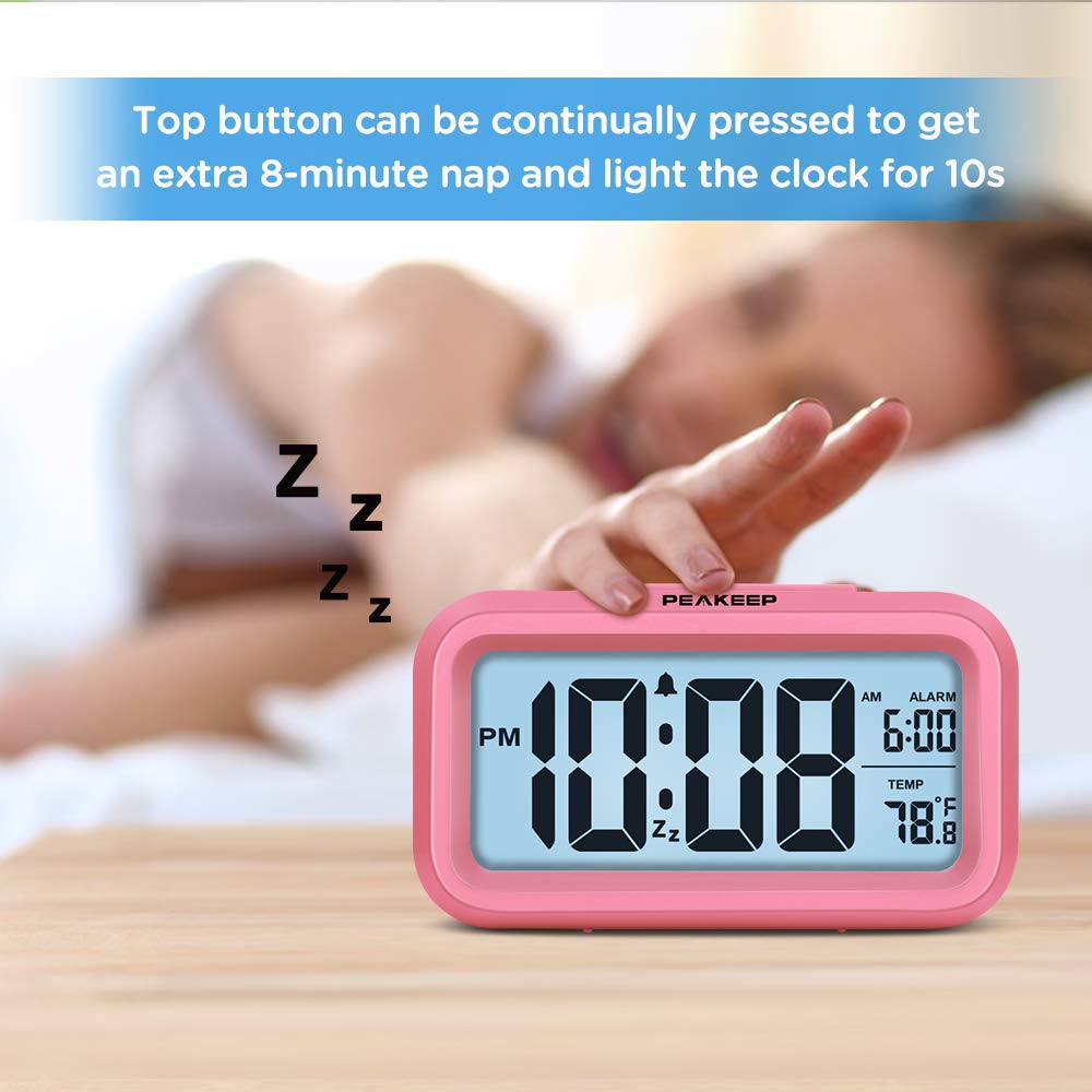 Peakeep Night Light Digital Alarm Clock Battery Operated with Indoor Temperature, Desk Small Clock (White)
