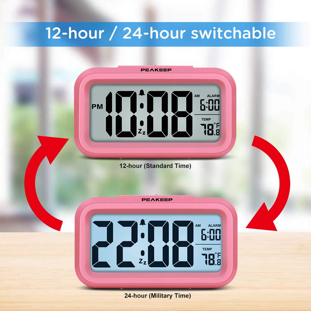 Peakeep Night Light Digital Alarm Clock Battery Operated with Indoor Temperature, Desk Small Clock (White)