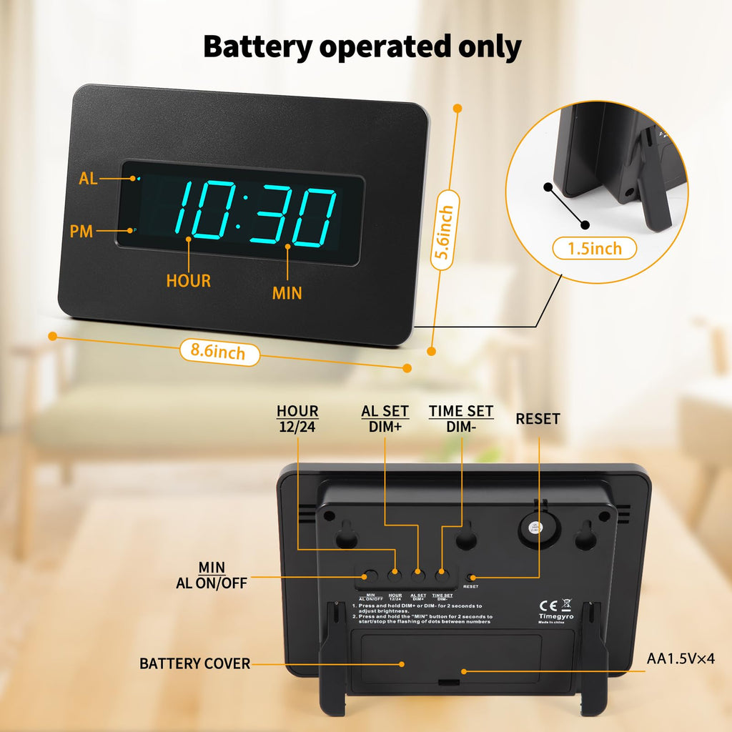 Timegyro Digital Wall Clock Battery Operated with LED Display, Wall Clock with Backlight, Table-top, Alarm, Brightness Adjustable,12/24Hr