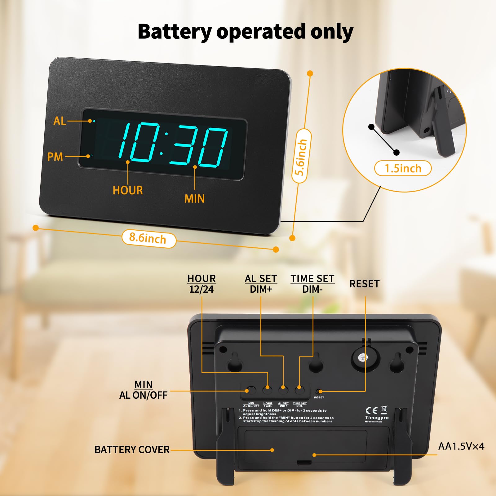 Timegyro Digital Wall Clock Battery Operated with LED Display, Wall Clock with Backlight, Table-top, Alarm, Brightness Adjustable,12/24Hr
