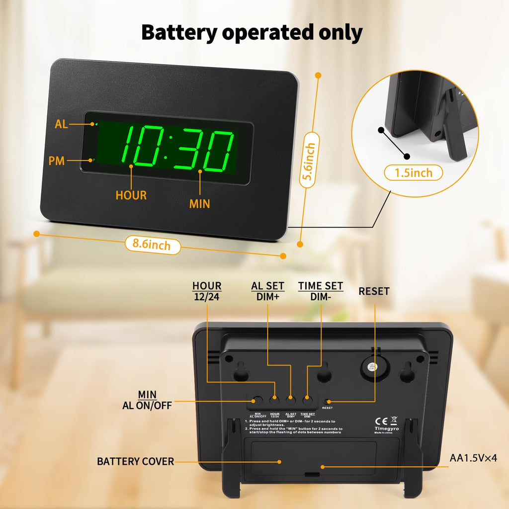 Timegyro Digital Wall Clock Battery Operated with LED Display, Wall Clock with Backlight, Table-top, Alarm, Brightness Adjustable,12/24Hr