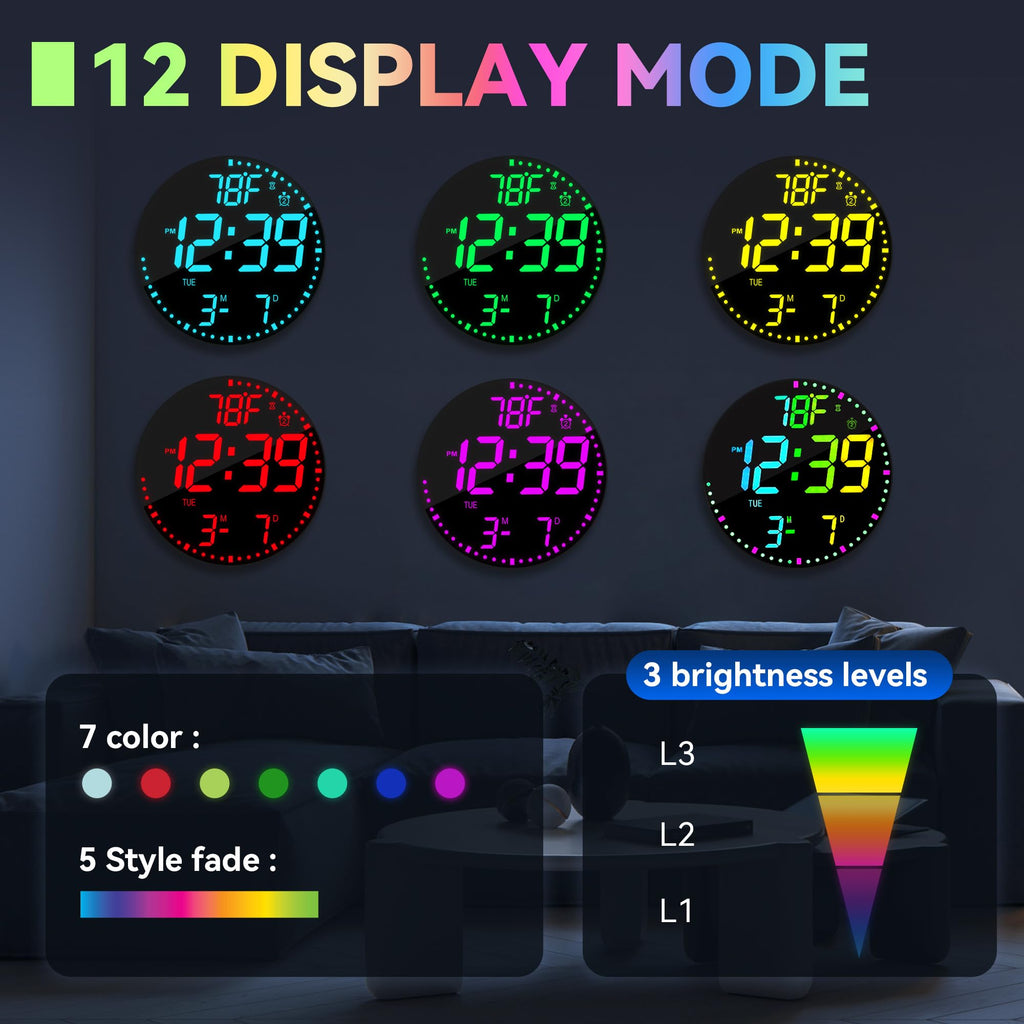 Kasbin 12 Inch Large Digital Wall Clock with Remote Control, RGB Color, Alarm, Timer, Date, Temperature, LED Display for Classroom, Living Room, Bedroom, Gift for Elderly (Black Mirror, 12")
