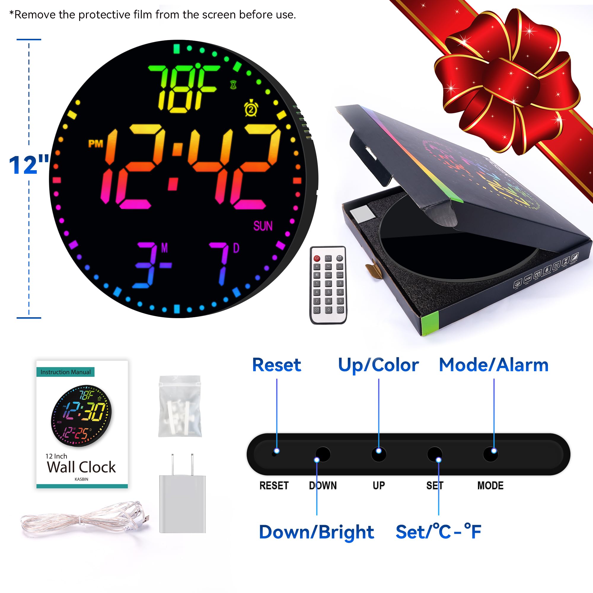 Kasbin 12 Inch Large Digital Wall Clock with Remote Control, RGB Color, Alarm, Timer, Date, Temperature, LED Display for Classroom, Living Room, Bedroom, Gift for Elderly (Black Mirror, 12")