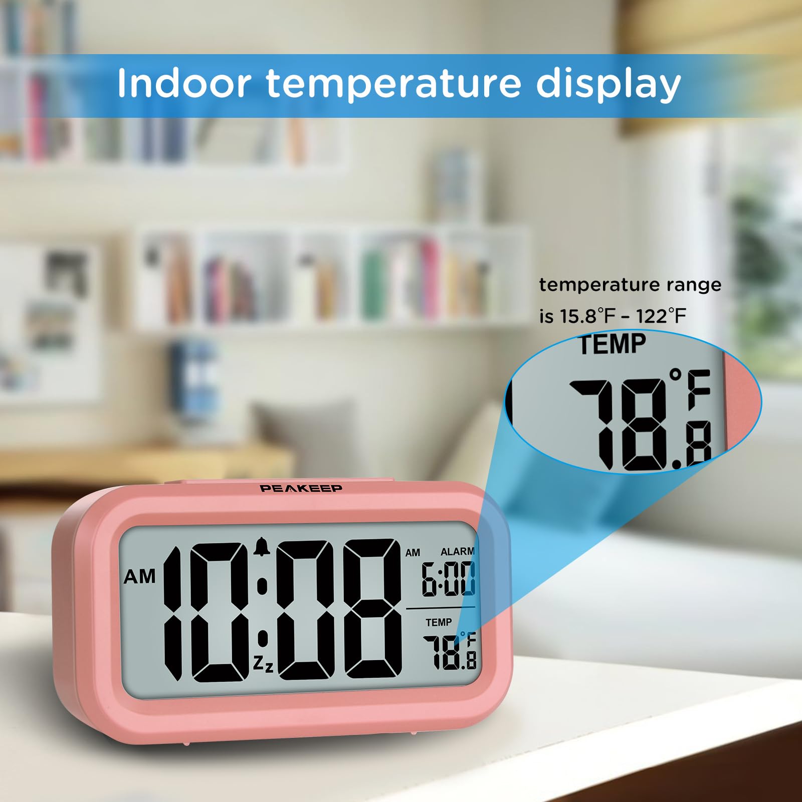 Peakeep Night Light Digital Alarm Clock Battery Operated with Indoor Temperature, Desk Small Clock (White)