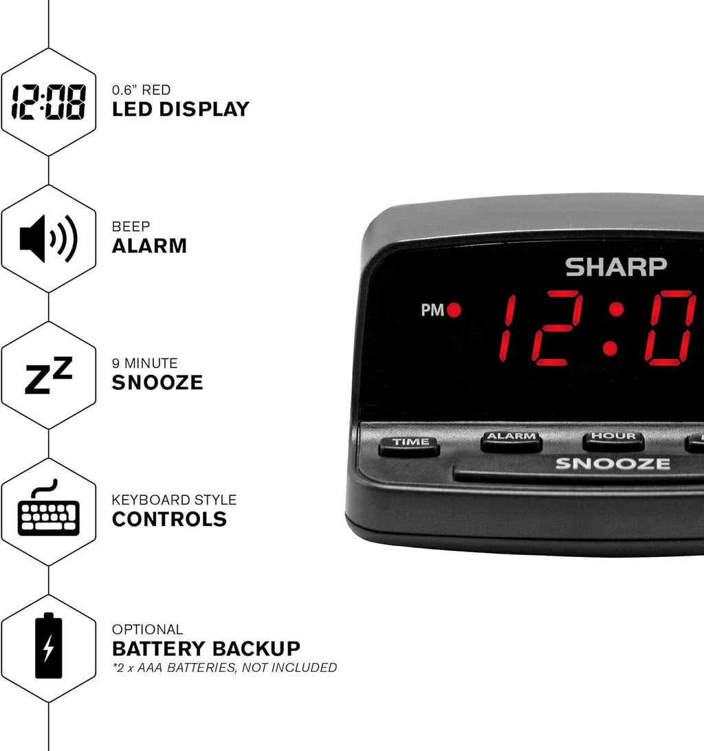 Sharp Digital Alarm Clock with Keyboard Style Controls, Battery Back-up, Easy to Use with Simple Operation, Black Case with Red LED Display
