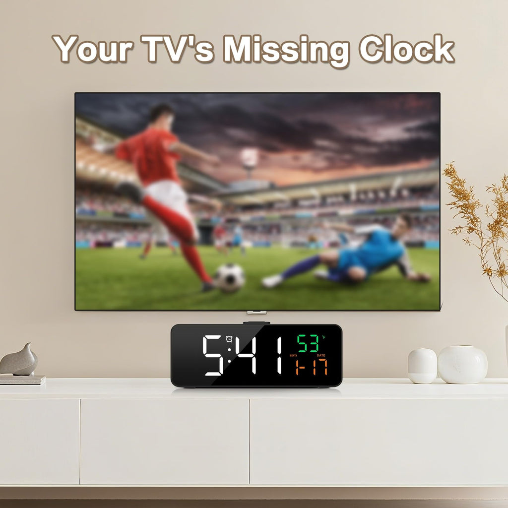 Netzu 3-in-1 Digital Clocks for Living Room with Temperature, Date & Time Display - 4 Levels Birghtness, 3 Volumes, Small & Compact Plug-in Alarm Clock for Bedroom, Office (Black)