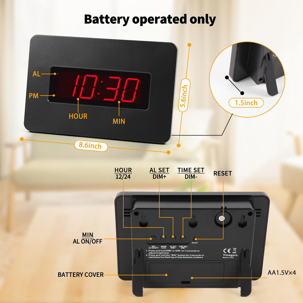 Timegyro Digital Wall Clock Battery Operated with LED Display, Wall Clock with Backlight, Table-top, Alarm, Brightness Adjustable,12/24Hr