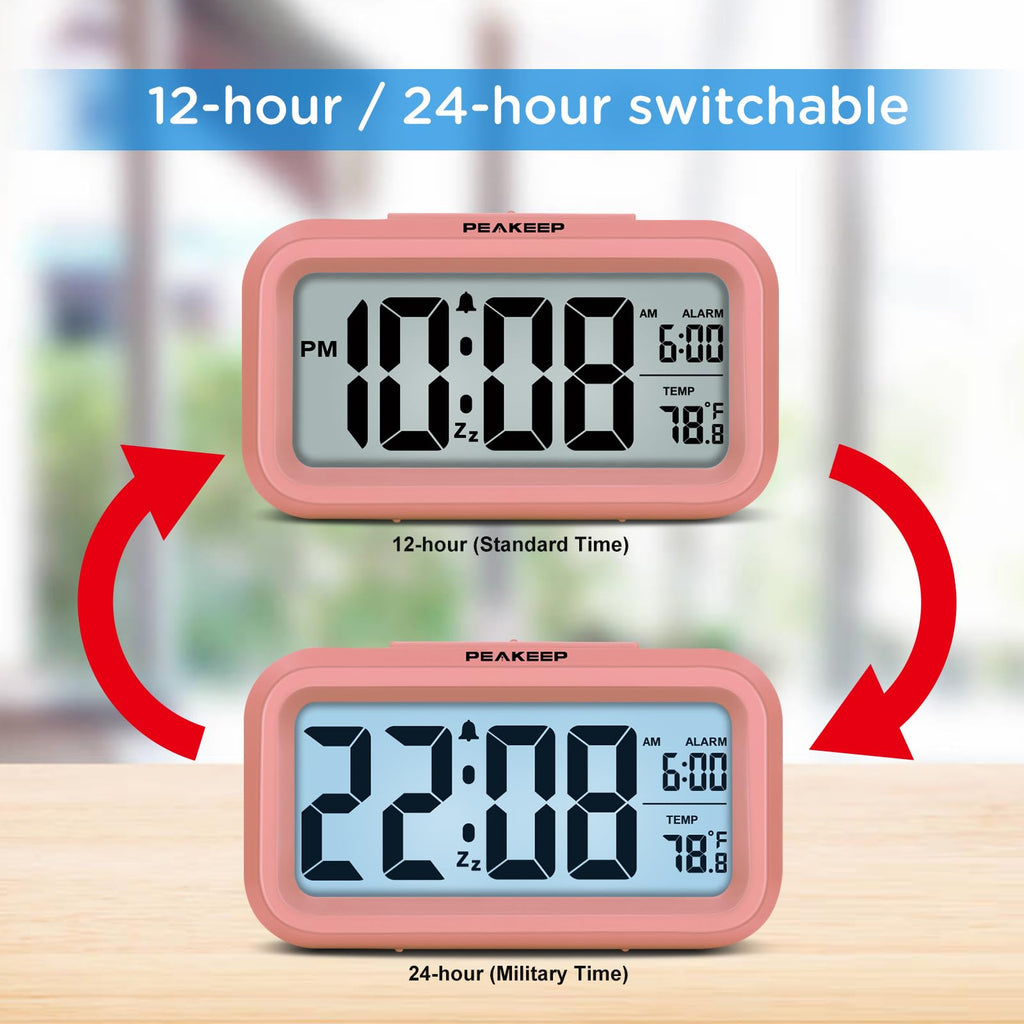 Peakeep Night Light Digital Alarm Clock Battery Operated with Indoor Temperature, Desk Small Clock (White)