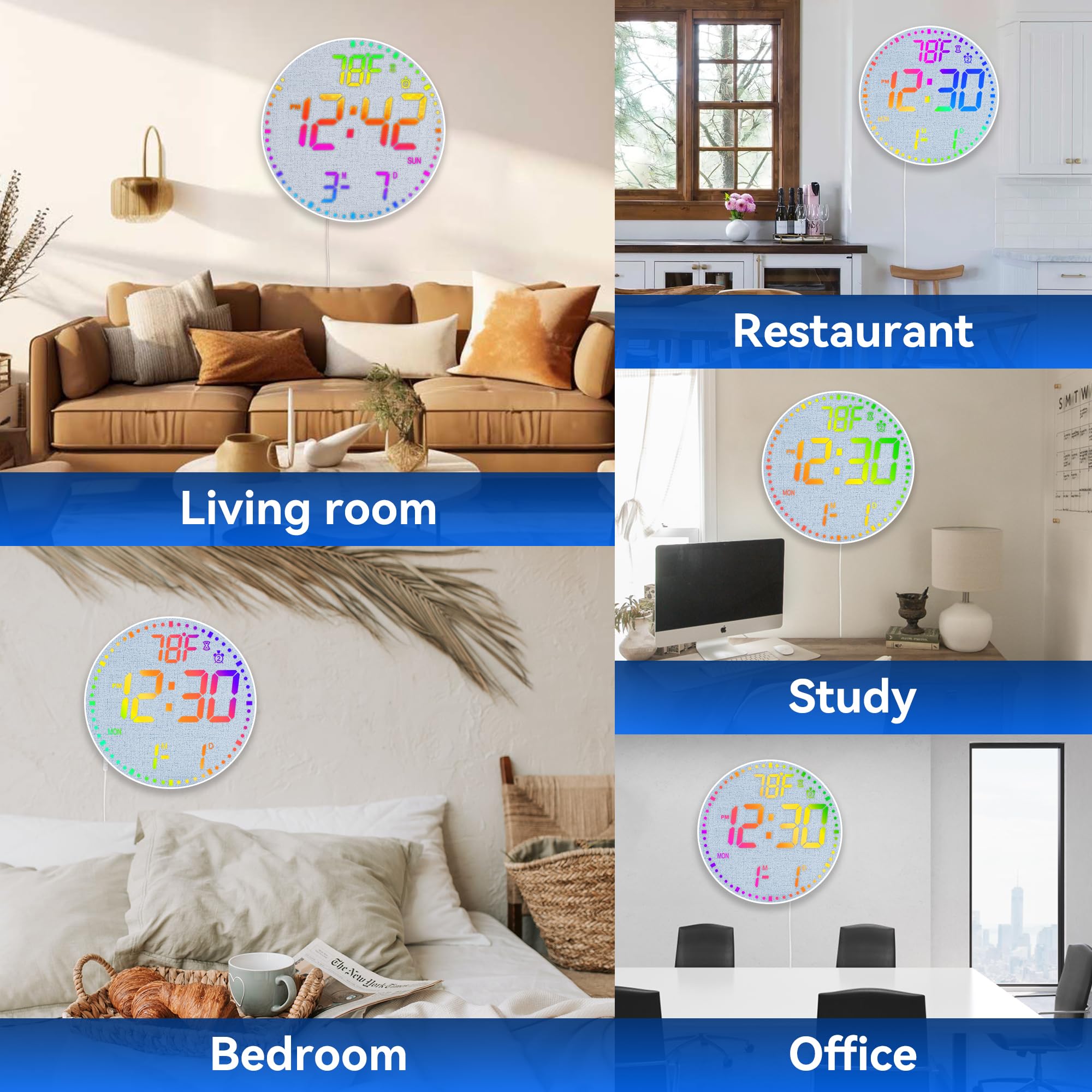 Kasbin 12 Inch Large Digital Wall Clock with Remote Control, RGB Color, Alarm, Timer, Date, Temperature, LED Display for Classroom, Living Room, Bedroom, Gift for Elderly (Black Mirror, 12")