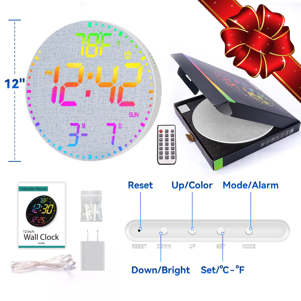 Kasbin 12 Inch Large Digital Wall Clock with Remote Control, RGB Color, Alarm, Timer, Date, Temperature, LED Display for Classroom, Living Room, Bedroom, Gift for Elderly (Black Mirror, 12")