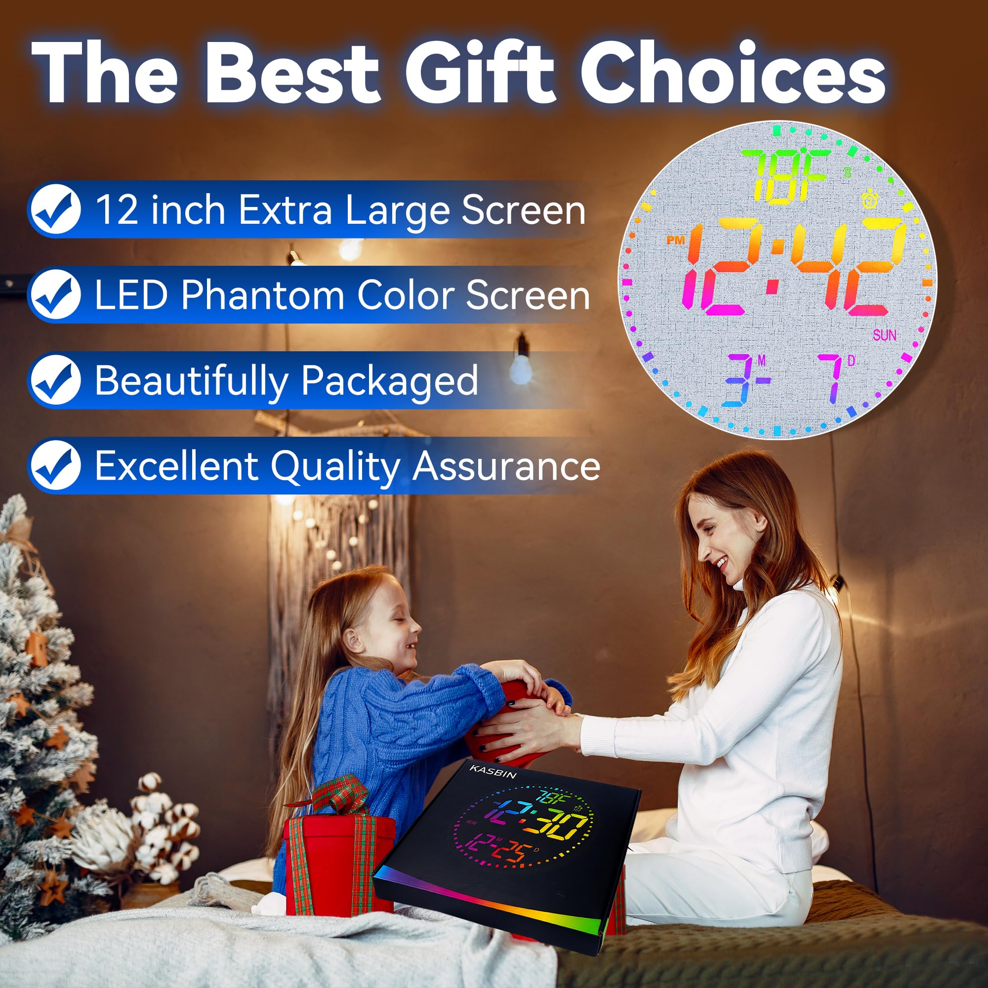 Kasbin 12 Inch Large Digital Wall Clock with Remote Control, RGB Color, Alarm, Timer, Date, Temperature, LED Display for Classroom, Living Room, Bedroom, Gift for Elderly (Black Mirror, 12")