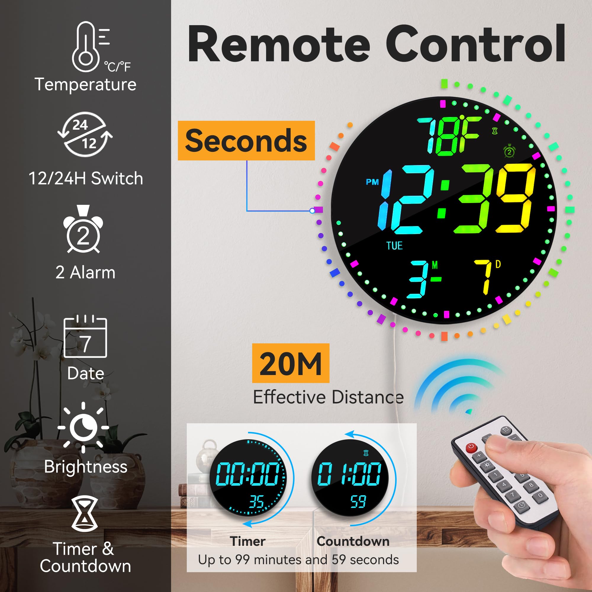 Kasbin 12 Inch Large Digital Wall Clock with Remote Control, RGB Color, Alarm, Timer, Date, Temperature, LED Display for Classroom, Living Room, Bedroom, Gift for Elderly (Black Mirror, 12")