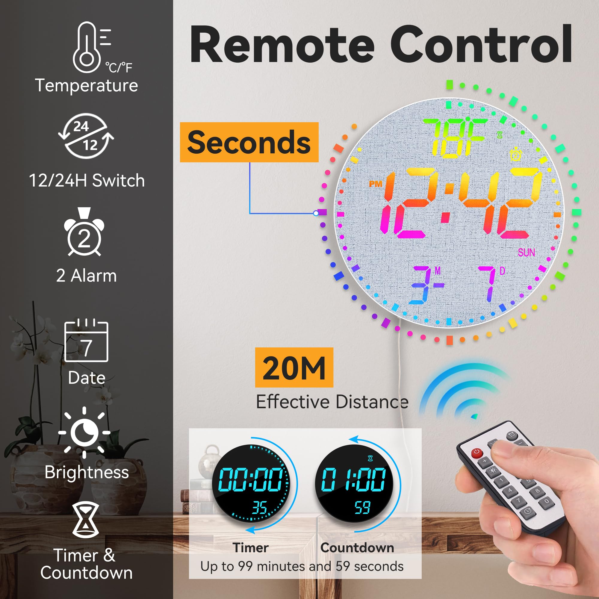 Kasbin 12 Inch Large Digital Wall Clock with Remote Control, RGB Color, Alarm, Timer, Date, Temperature, LED Display for Classroom, Living Room, Bedroom, Gift for Elderly (Black Mirror, 12")
