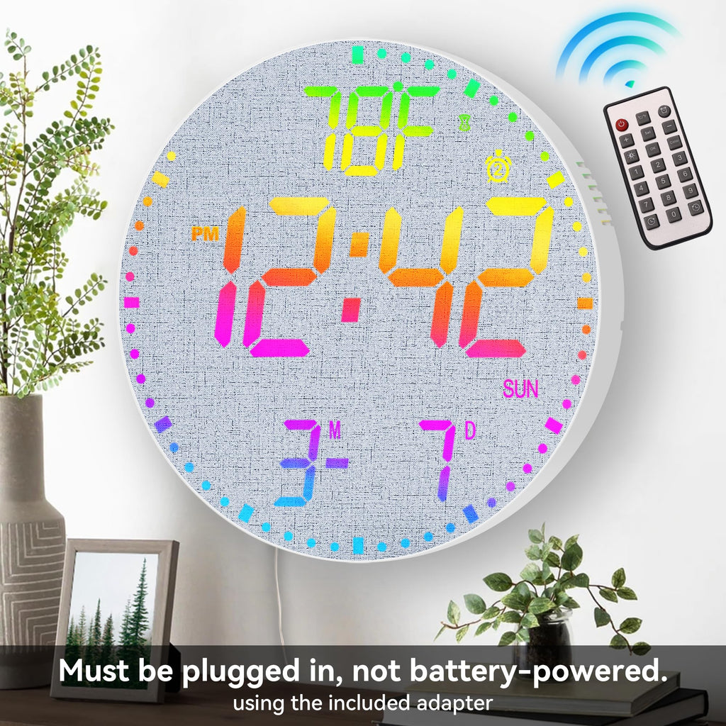 Kasbin 12 Inch Large Digital Wall Clock with Remote Control, RGB Color, Alarm, Timer, Date, Temperature, LED Display for Classroom, Living Room, Bedroom, Gift for Elderly (Black Mirror, 12")